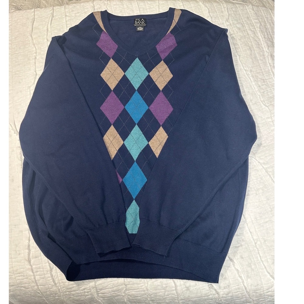 Jos A Bank Argyle V-Neck Sweater XXL Navy Cotton Heritage Preppy Academia